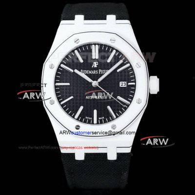 Swiss Replica Audemars Piguet Royal Oak White Carbon Fiber Black Face Velcro Strap Watch